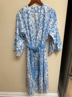Lake Cotton Light Blue Floral Kimono Robe with Belt